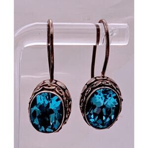 .925 Sterling Silver Sajen Blue Topaz Filigree Dangle Earrings Vintage Bali .8"